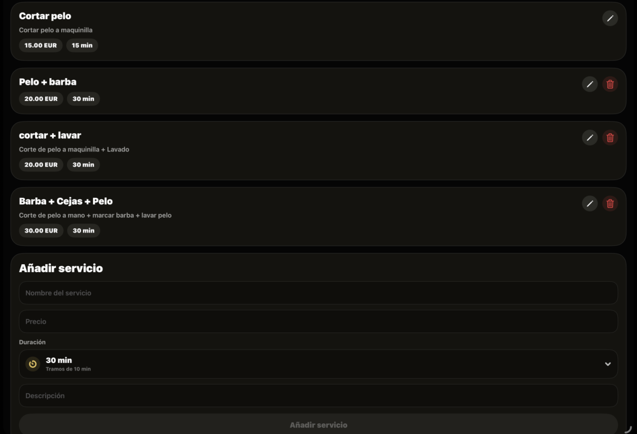 Captura de pantalla: lista de servicios